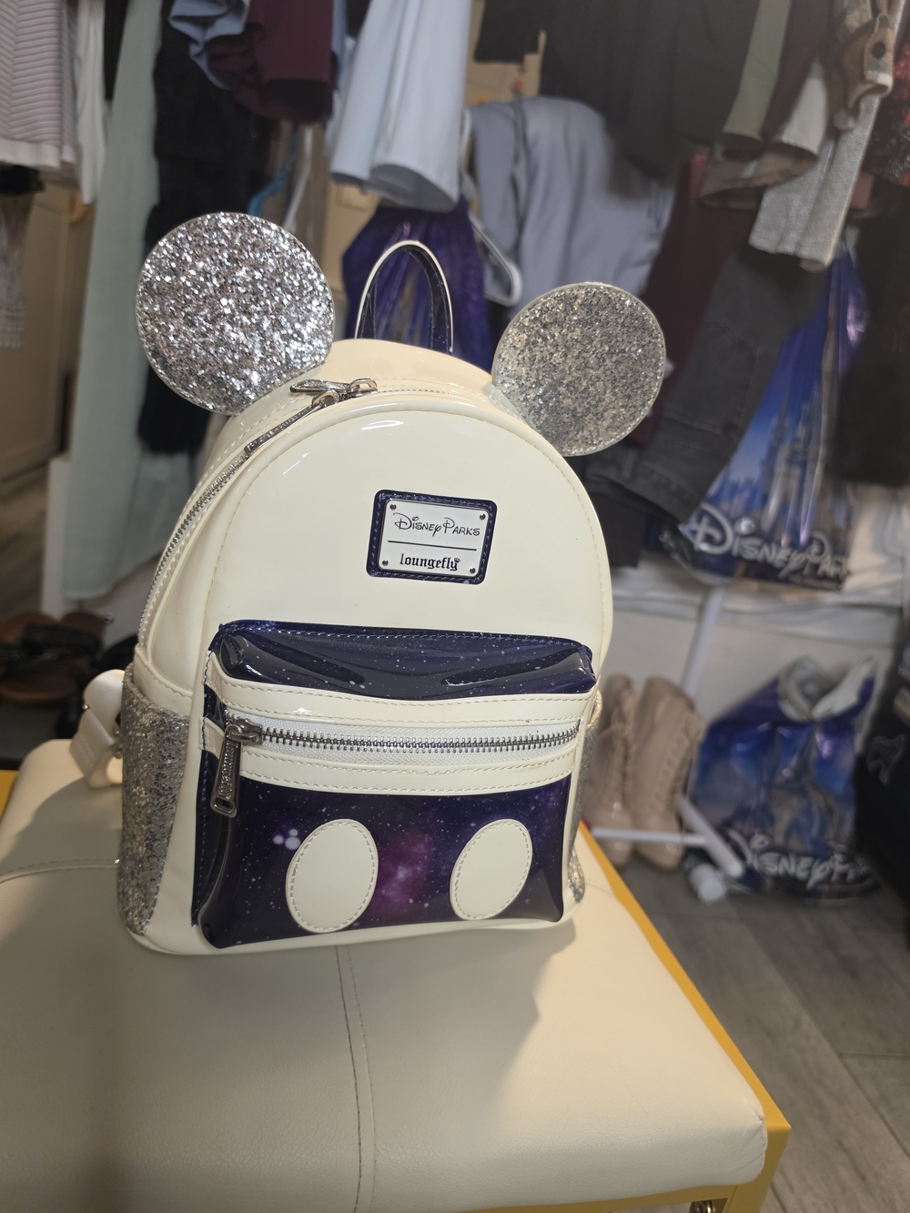 Loungefly Cream Mini Backpack with Silver Glitter Ears and Galaxy Pocket
